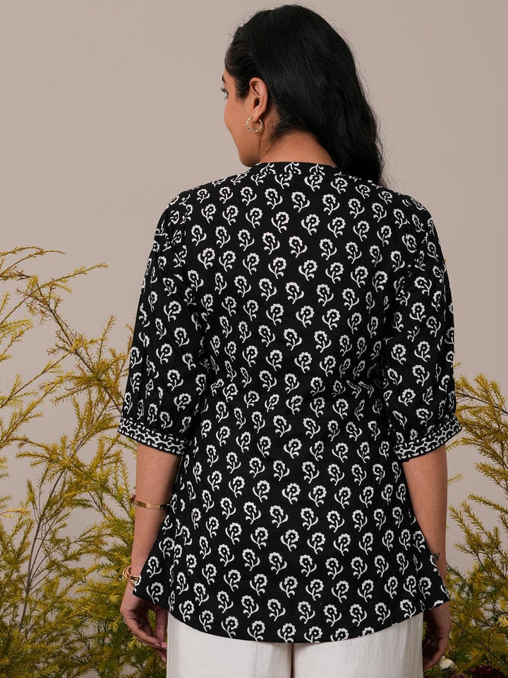 Black Printed Cotton A-Line Kurti - Libas