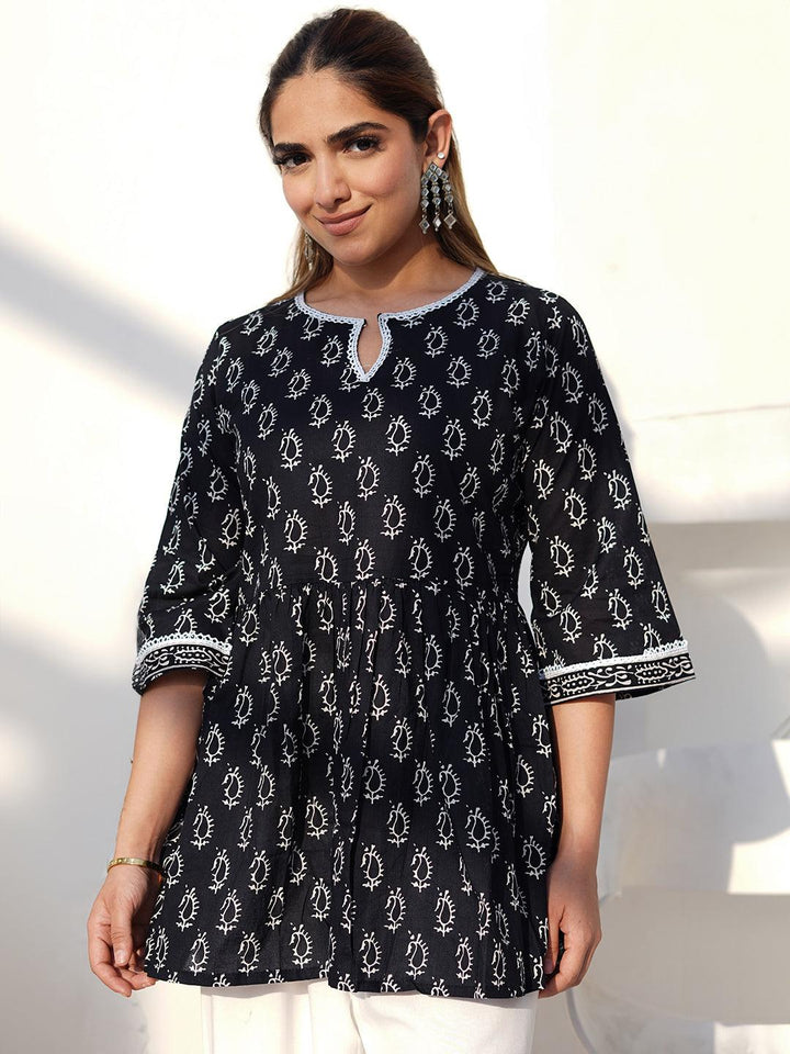 Black Printed Cotton A-Line Kurti - Libas