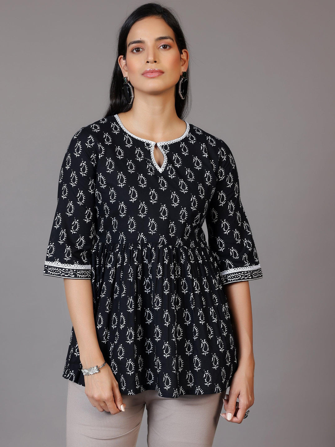 Black Printed Cotton A-Line Kurti - Libas 