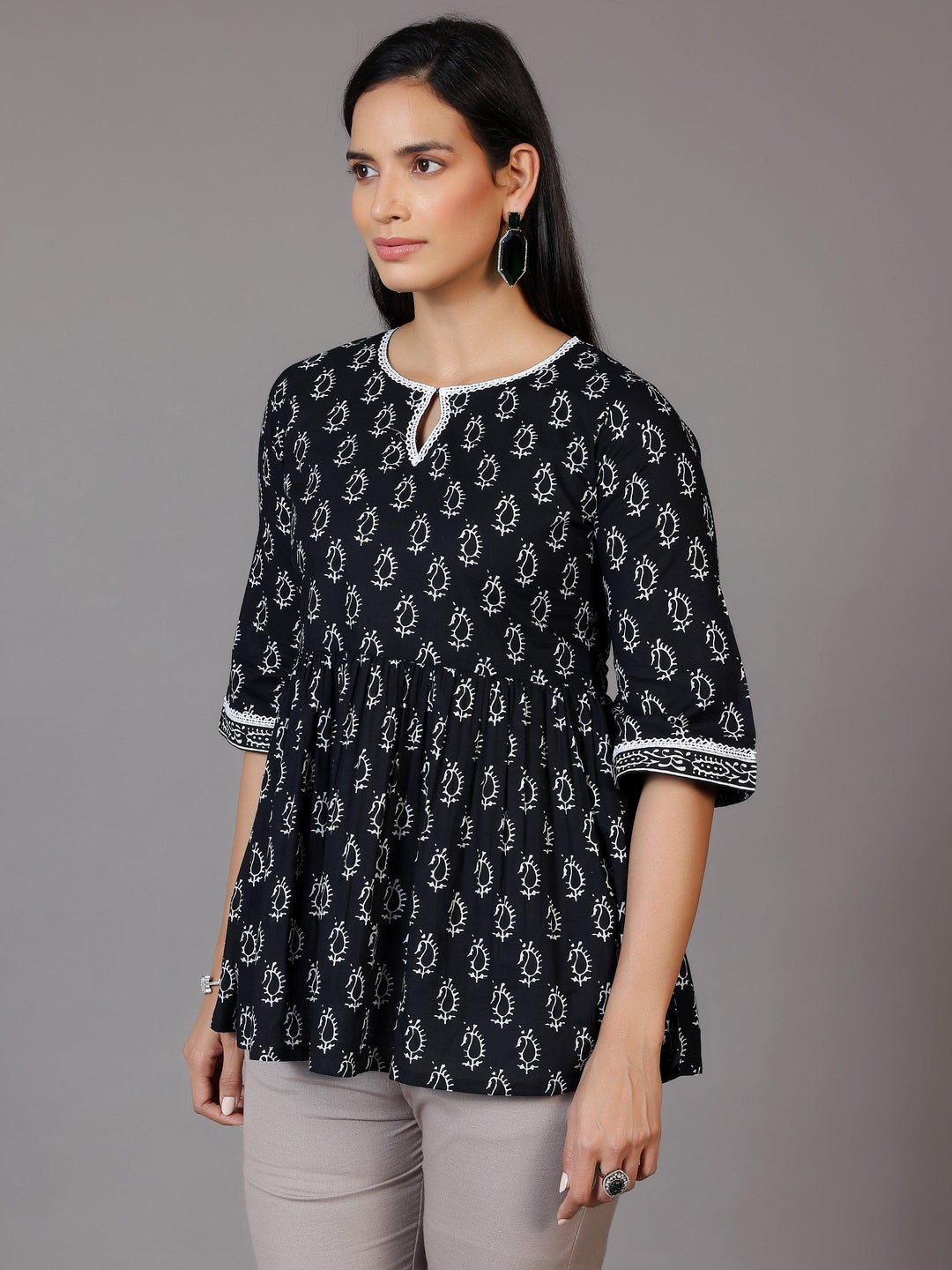 Black Printed Cotton A-Line Kurti - Libas 