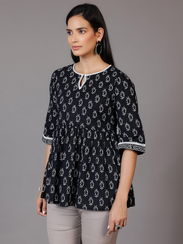 Black Printed Cotton A-Line Kurti - Libas