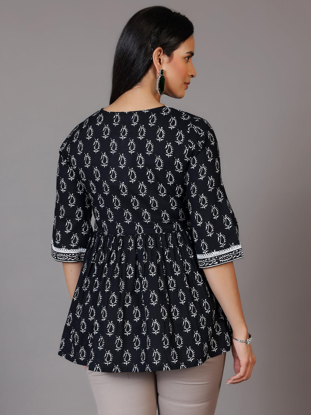 Black Printed Cotton A-Line Kurti - Libas 