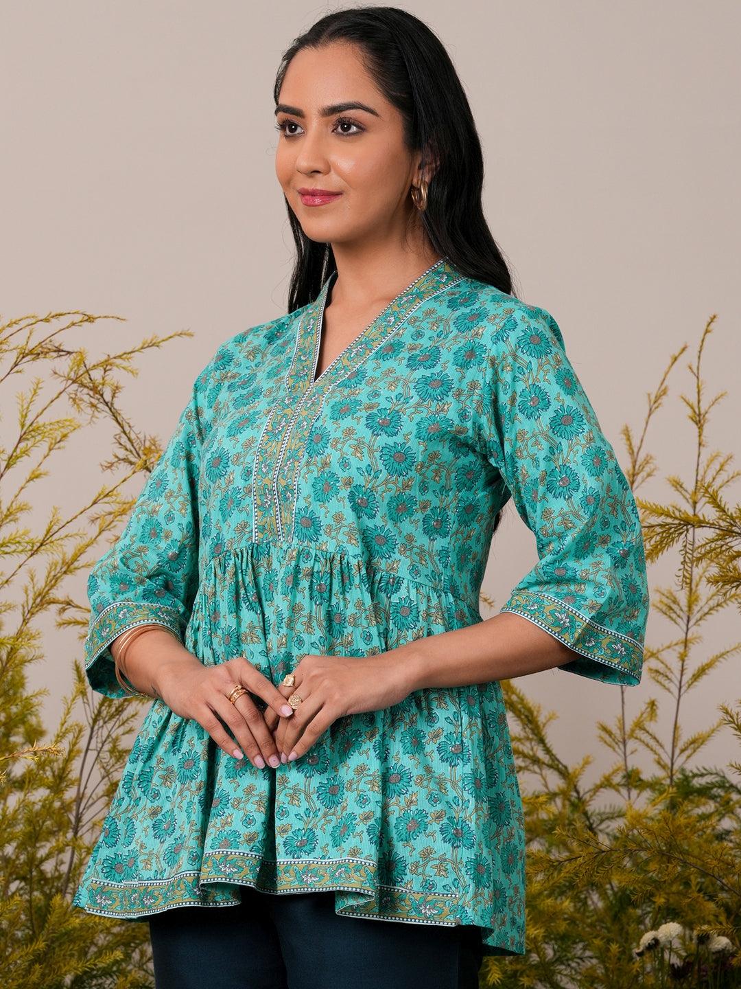 Turquoise Printed Cotton A-Line Kurti - Libas 