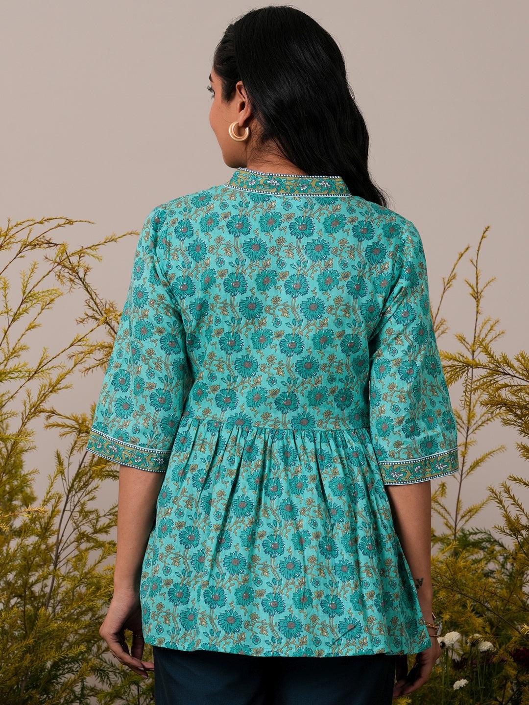 Turquoise Printed Cotton A-Line Kurti - Libas