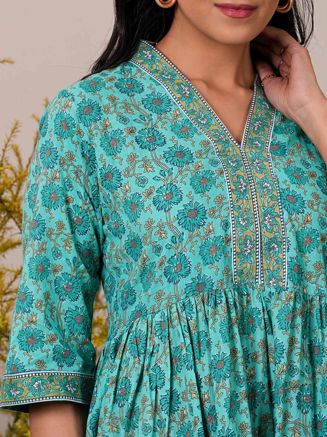 Turquoise Printed Cotton A-Line Kurti - Libas 