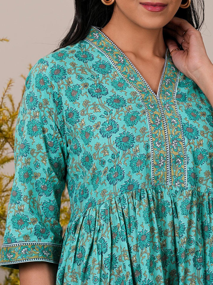 Turquoise Printed Cotton A-Line Kurti - Libas