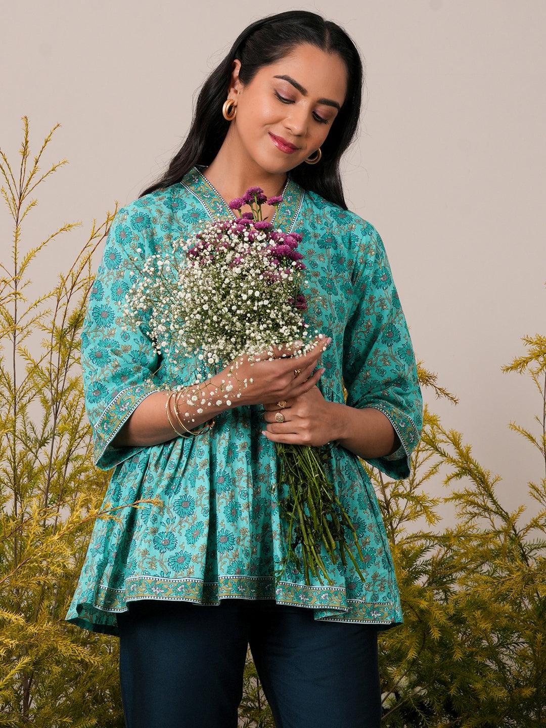 Turquoise Printed Cotton A-Line Kurti - Libas 