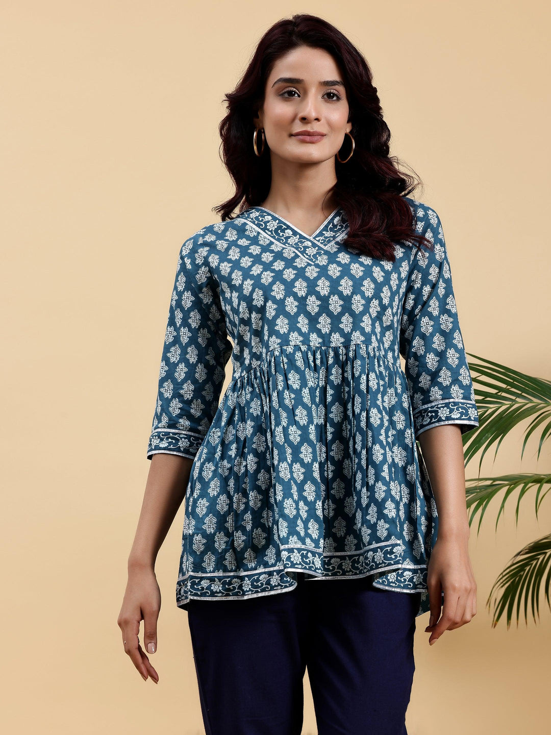 Blue Printed Cotton A-Line Kurti - Libas