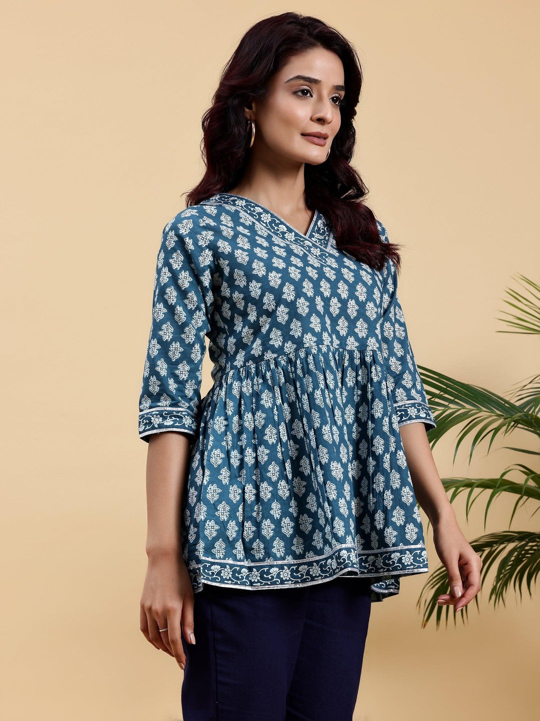 Blue Printed Cotton A-Line Kurti - Libas 