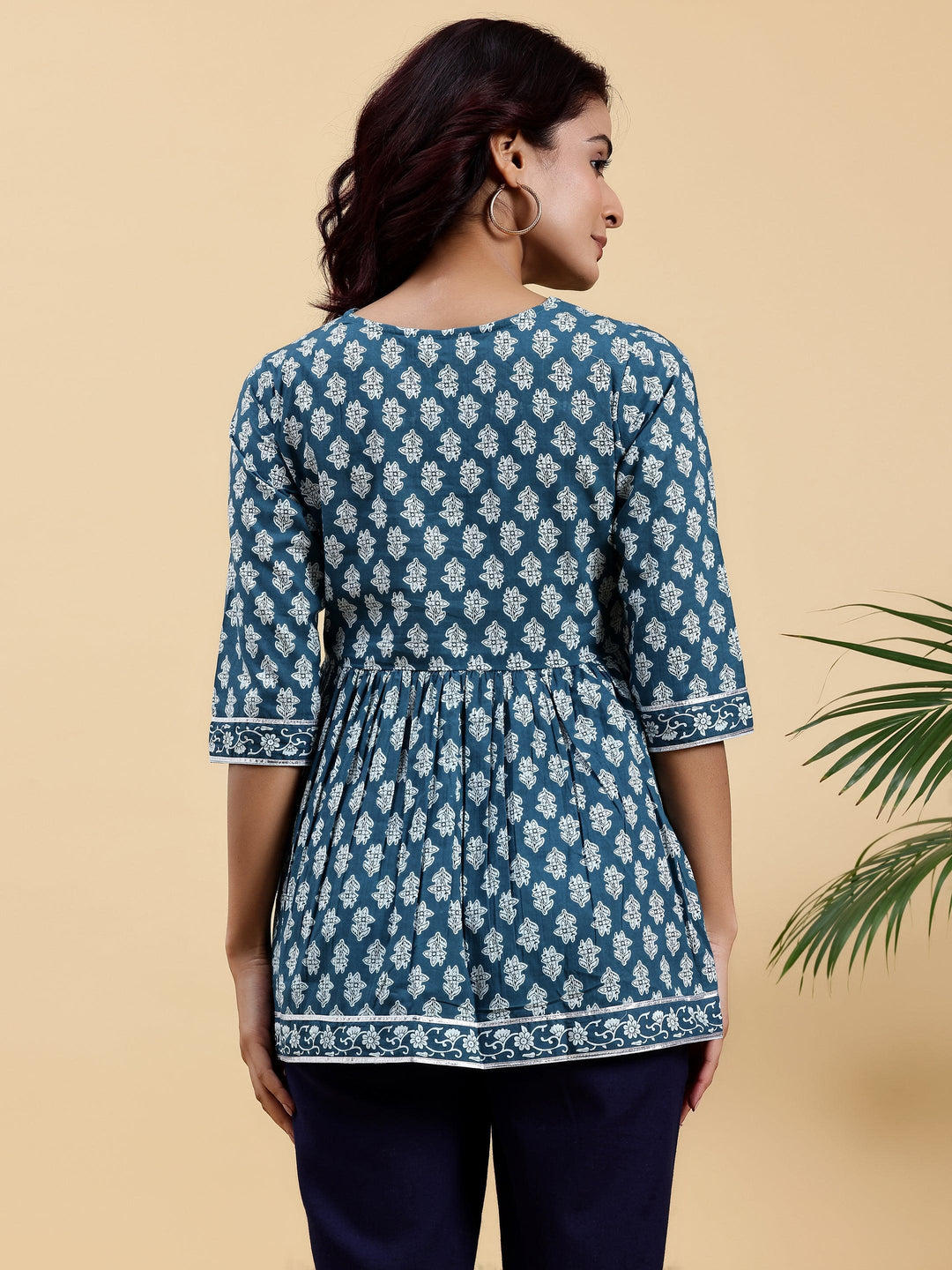 Blue Printed Cotton A-Line Kurti - Libas 