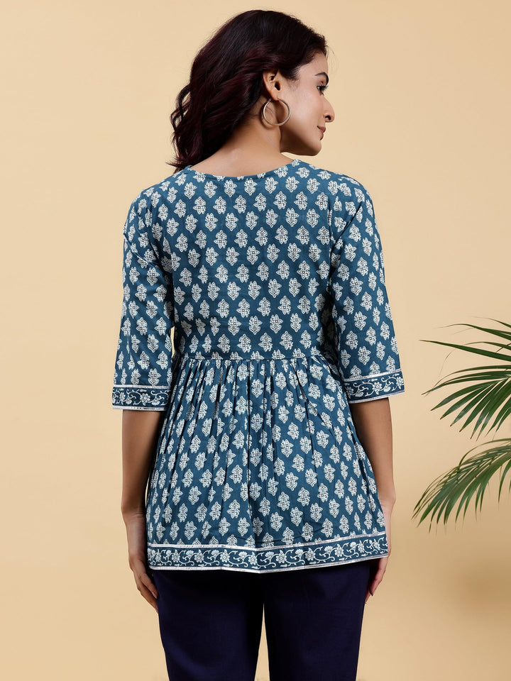 Blue Printed Cotton A-Line Kurti - Libas