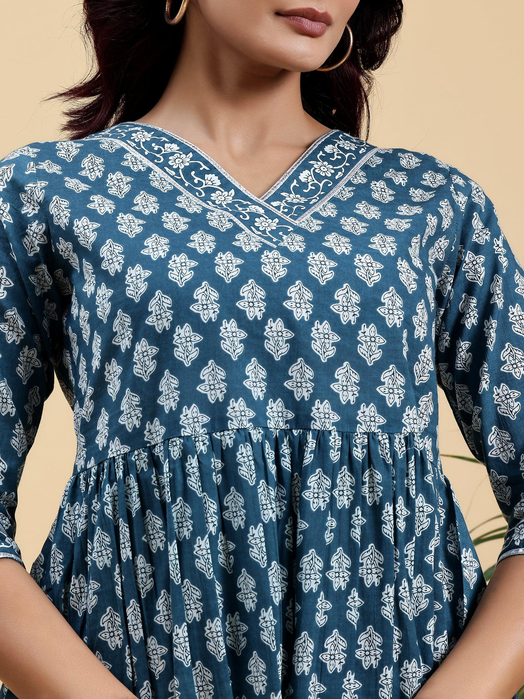 Blue Printed Cotton A-Line Kurti - Libas 