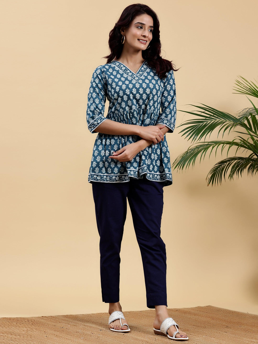 Blue Printed Cotton A-Line Kurti - Libas 