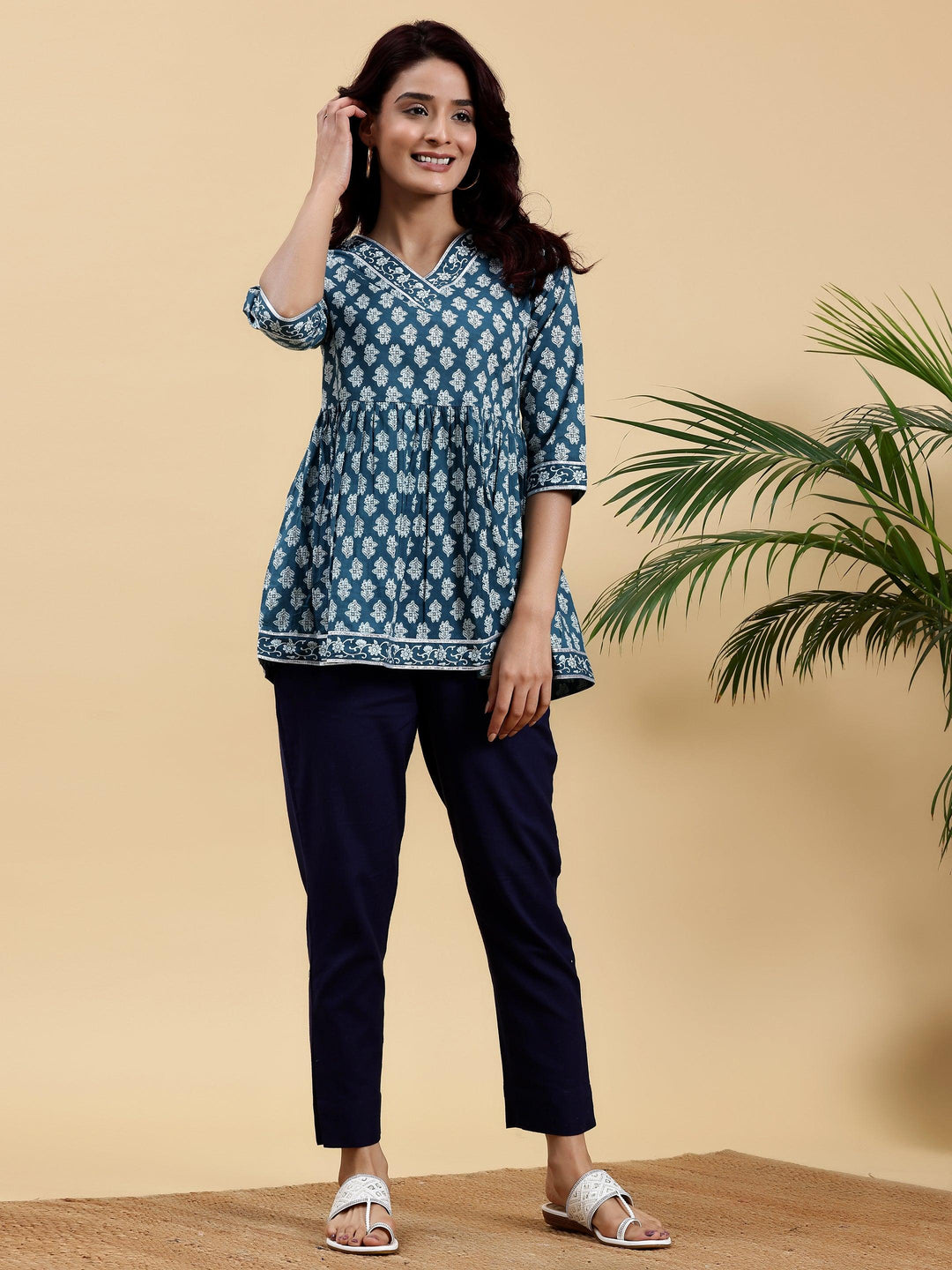 Blue Printed Cotton A-Line Kurti - Libas 