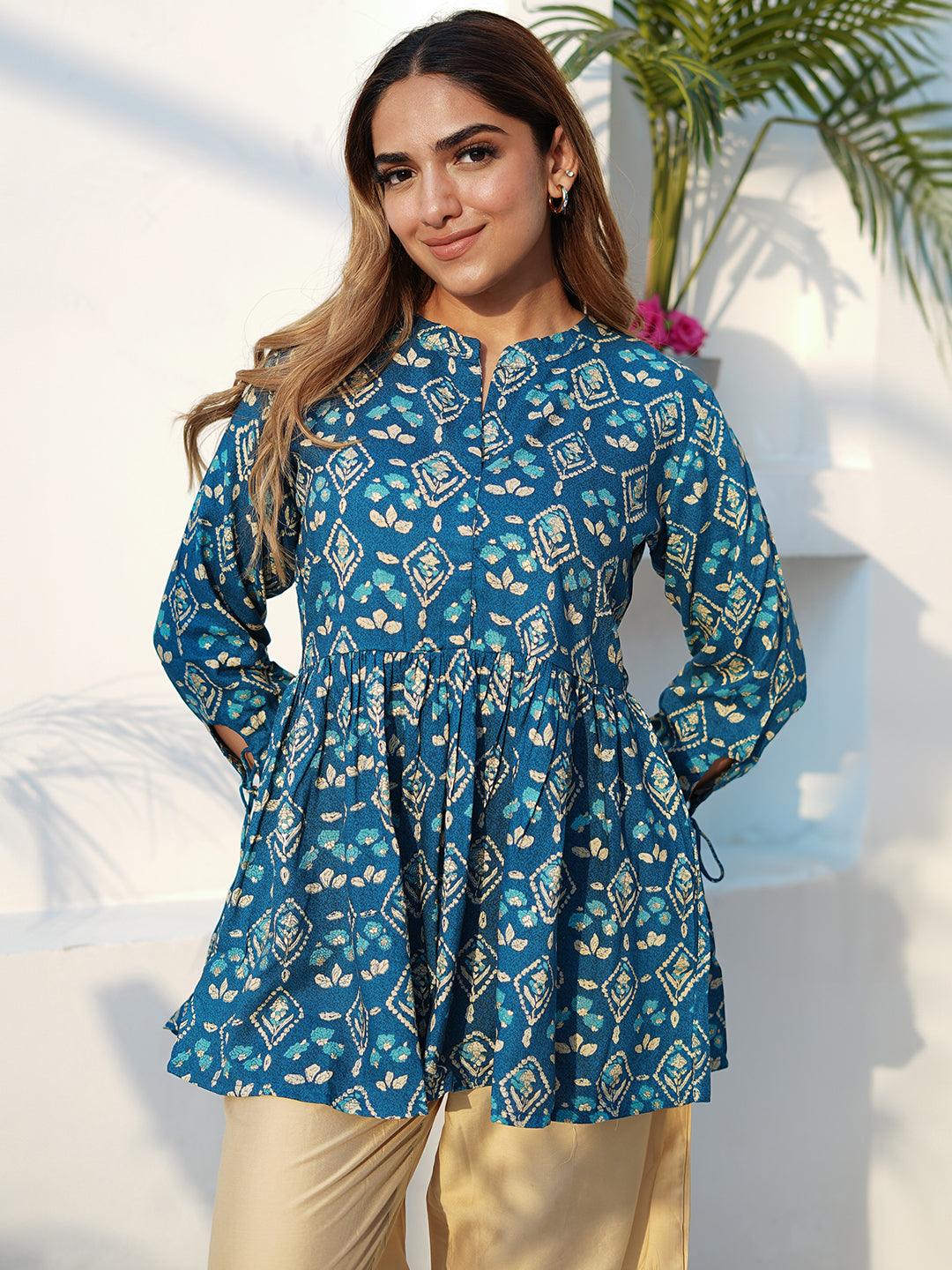 Blue Printed Rayon A-Line Kurti - Libas 