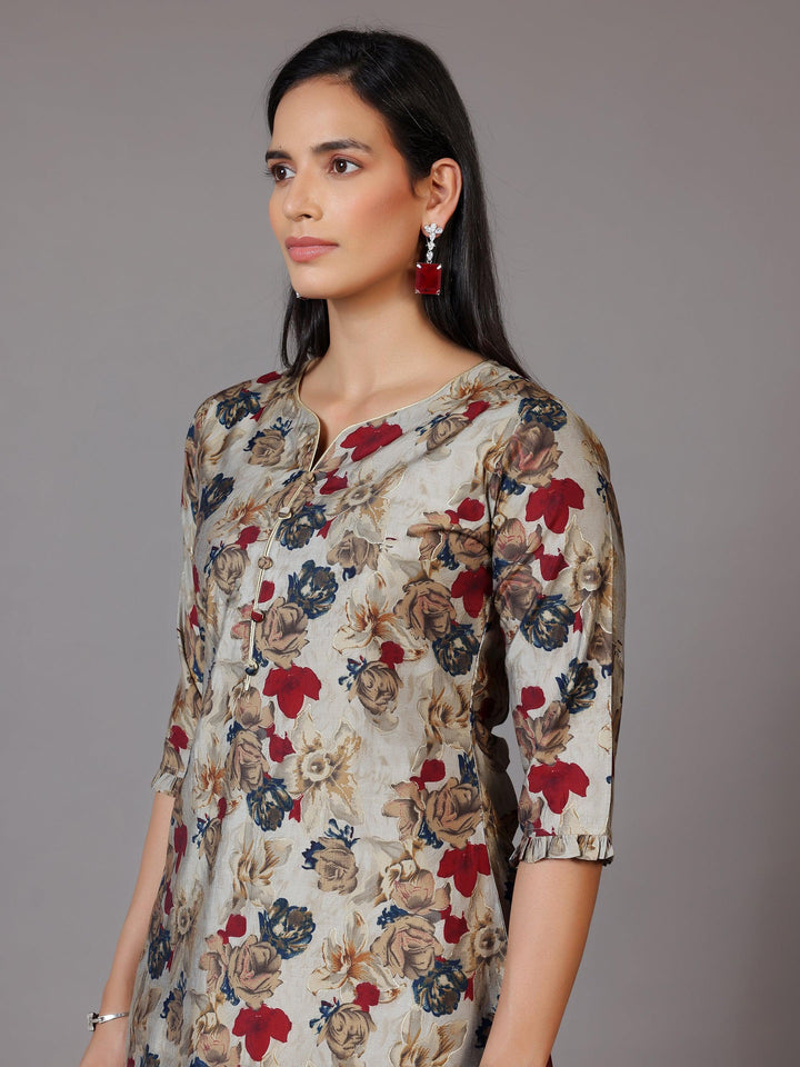 Multicoloured Printed Silk Blend A-Line Kurti - Libas