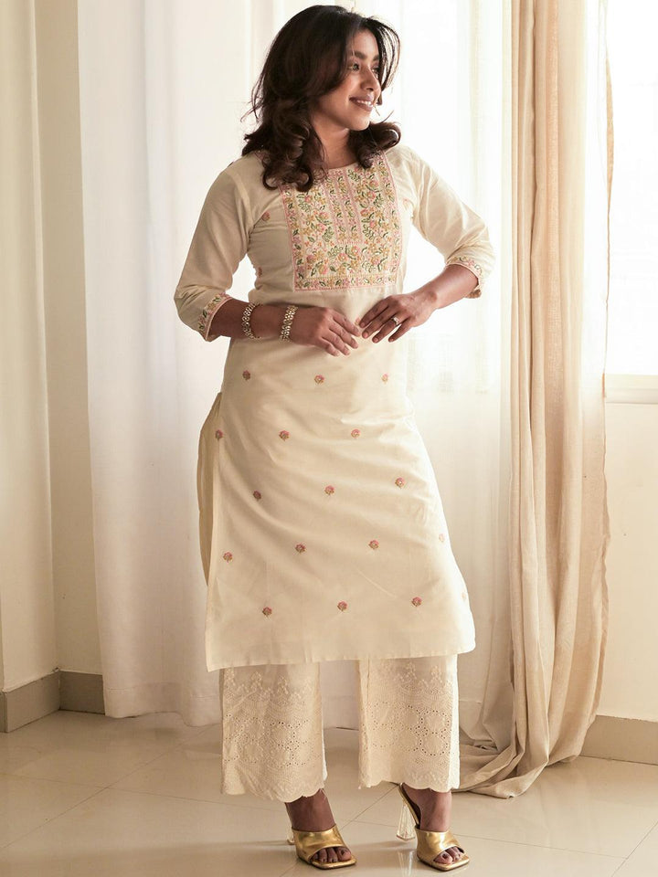 Off White Embroidered Cotton Straight Kurta - Libas