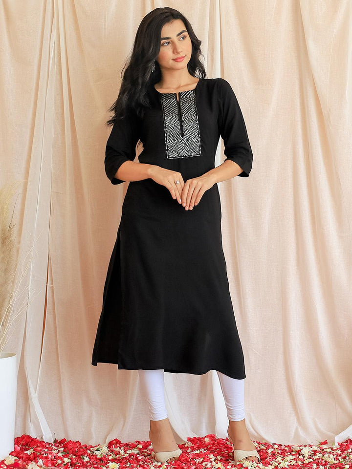 Black Embellished Rayon Straight Kurta - Libas