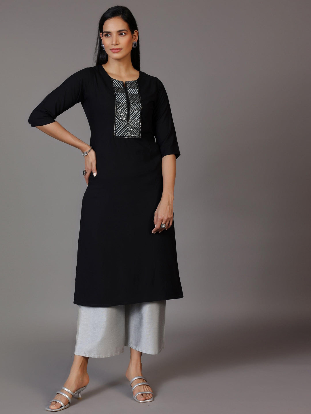 Black Embellished Rayon Straight Kurta - Libas 