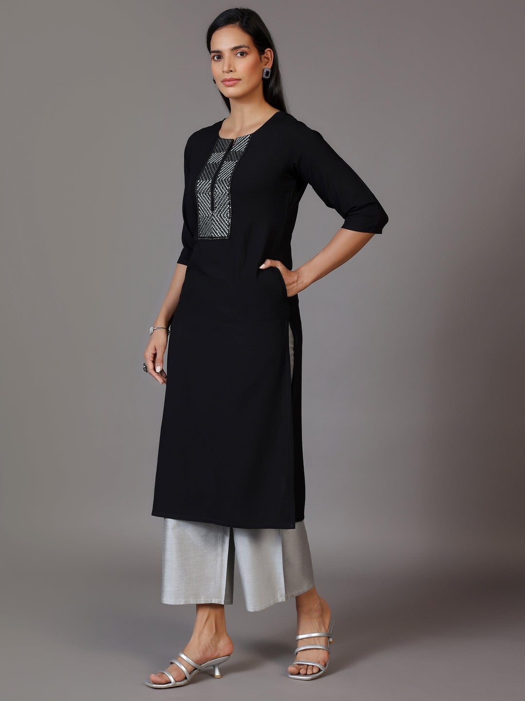 Black Embellished Rayon Straight Kurta - Libas 