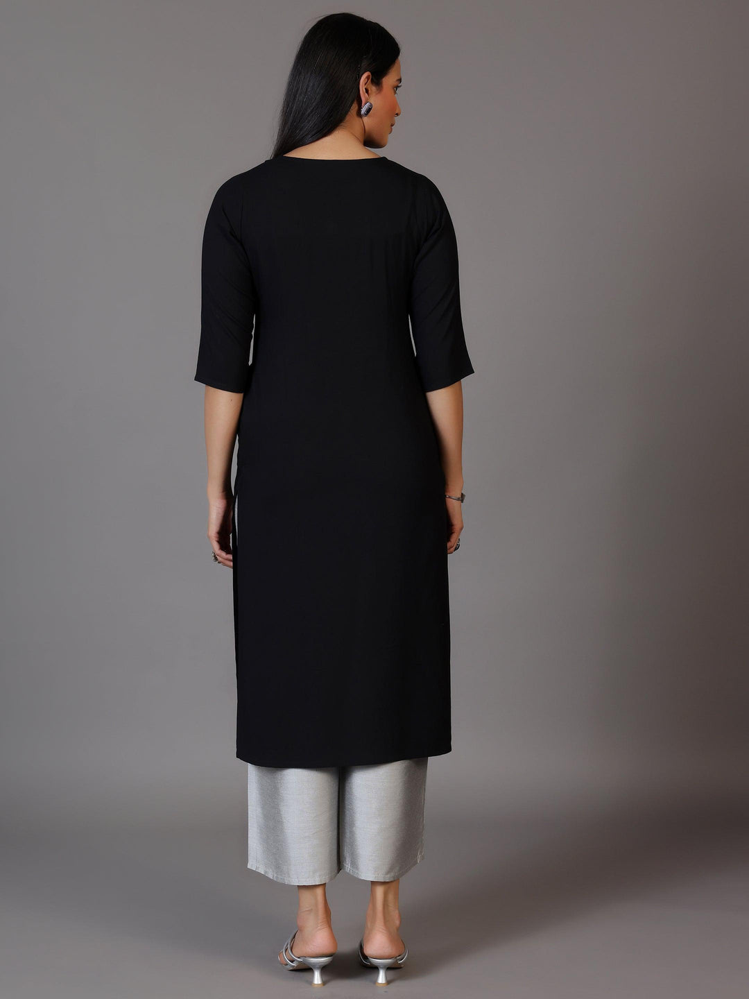 Black Embellished Rayon Straight Kurta - Libas 