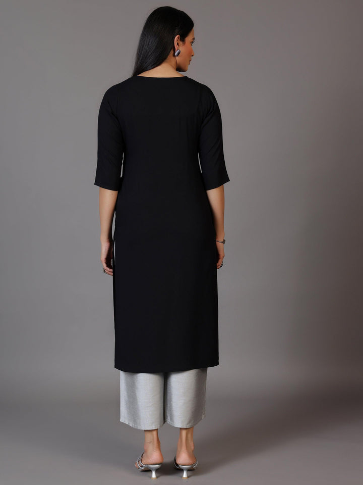 Black Embellished Rayon Straight Kurta - Libas