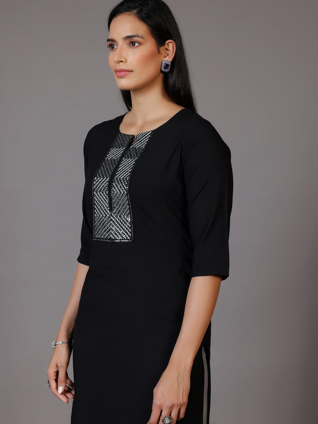 Black Embellished Rayon Straight Kurta - Libas 