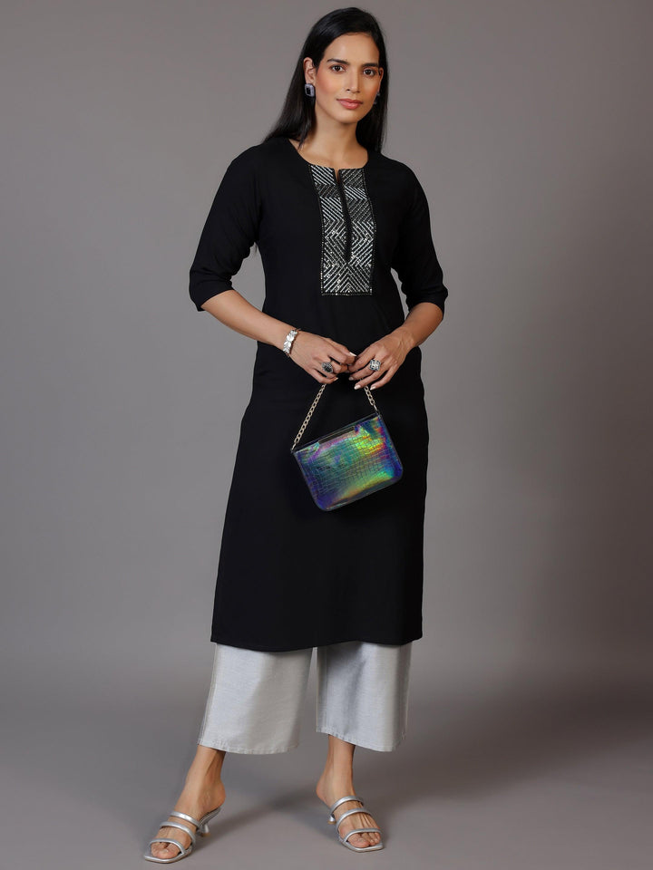 Black Embellished Rayon Straight Kurta - Libas