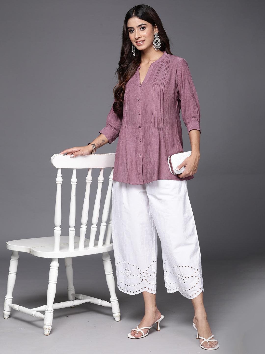 Mauve Solid Cotton Blend A-Line Kurti - Libas