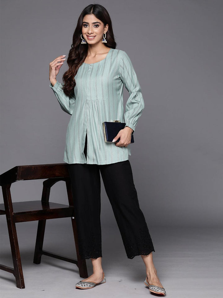 Green Woven Design Rayon A-Line Kurti - Libas