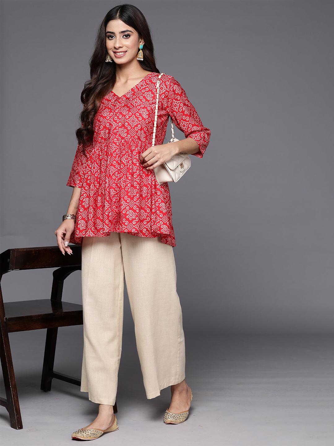 Red Printed Silk Blend A-Line Kurti - Libas