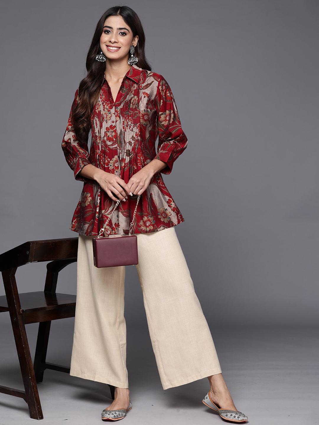 Maroon Printed Silk Blend A-Line Kurti - Libas 