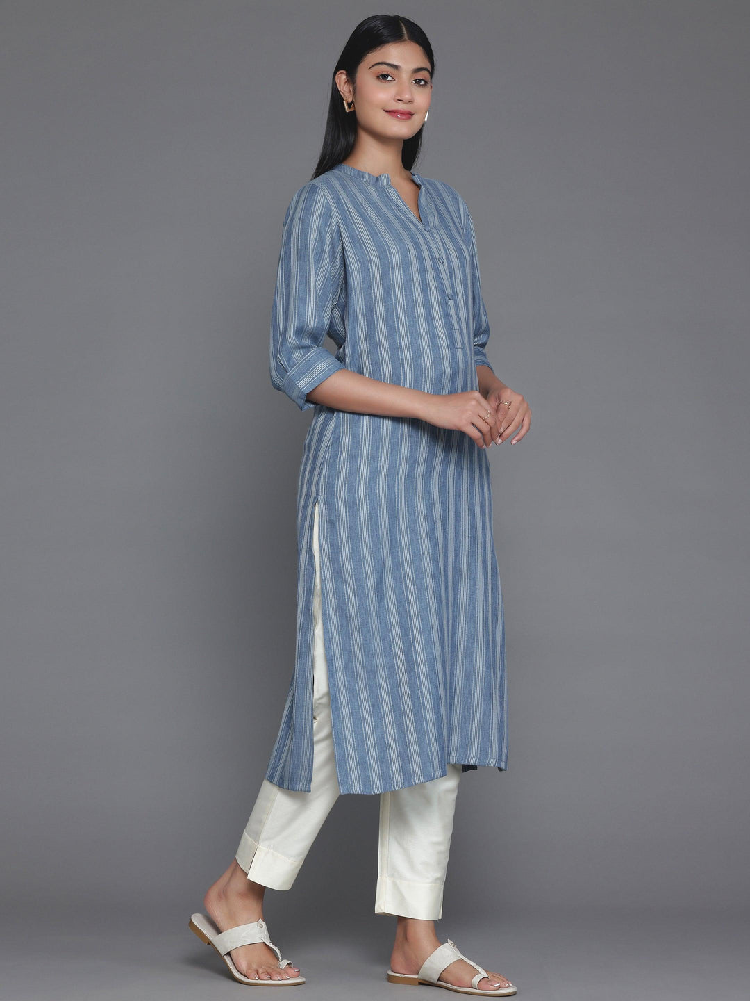 Grey Woven Design Rayon Straight Kurta - Libas