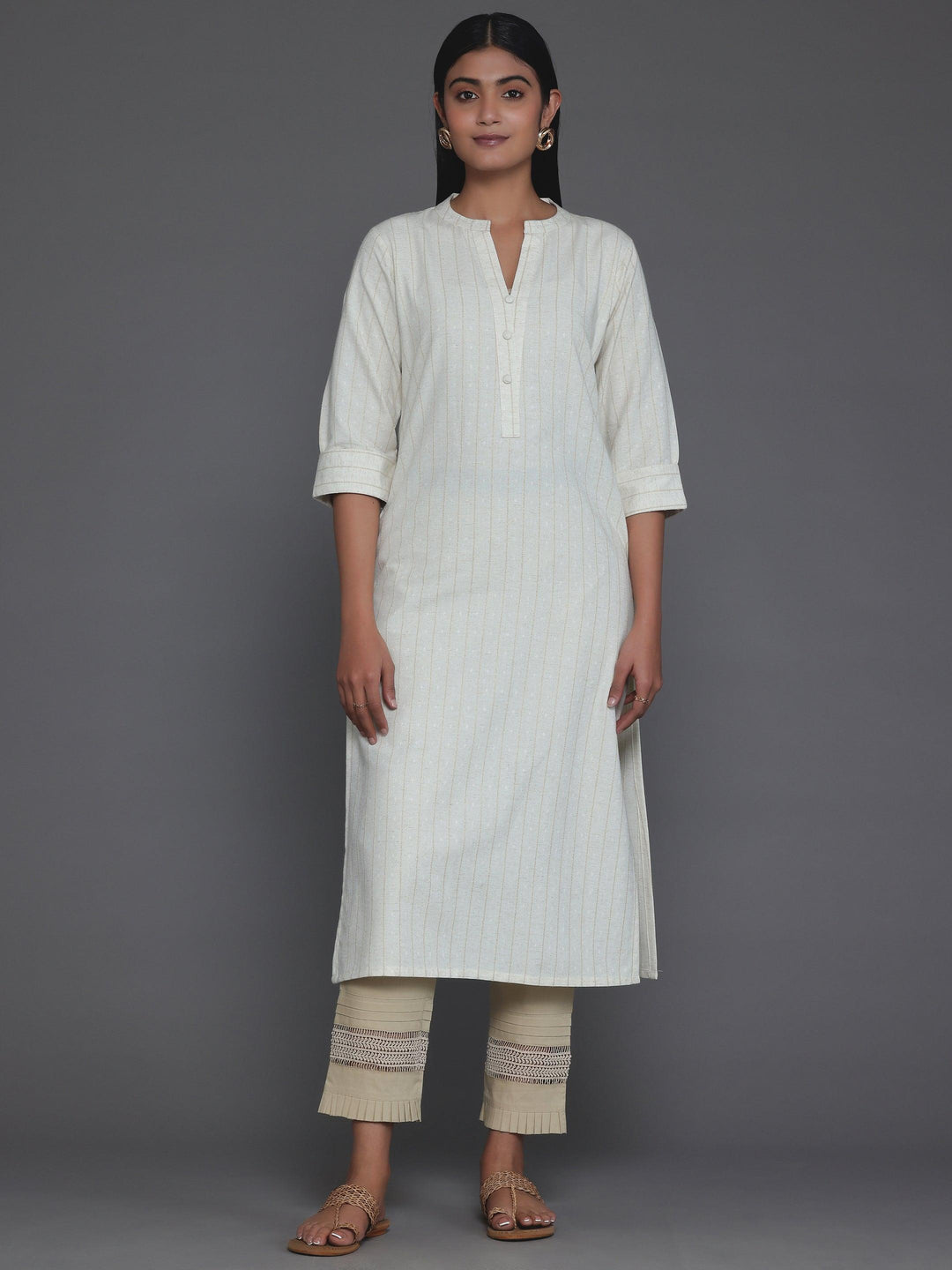 Cream Striped Cotton Straight Kurta - Libas 