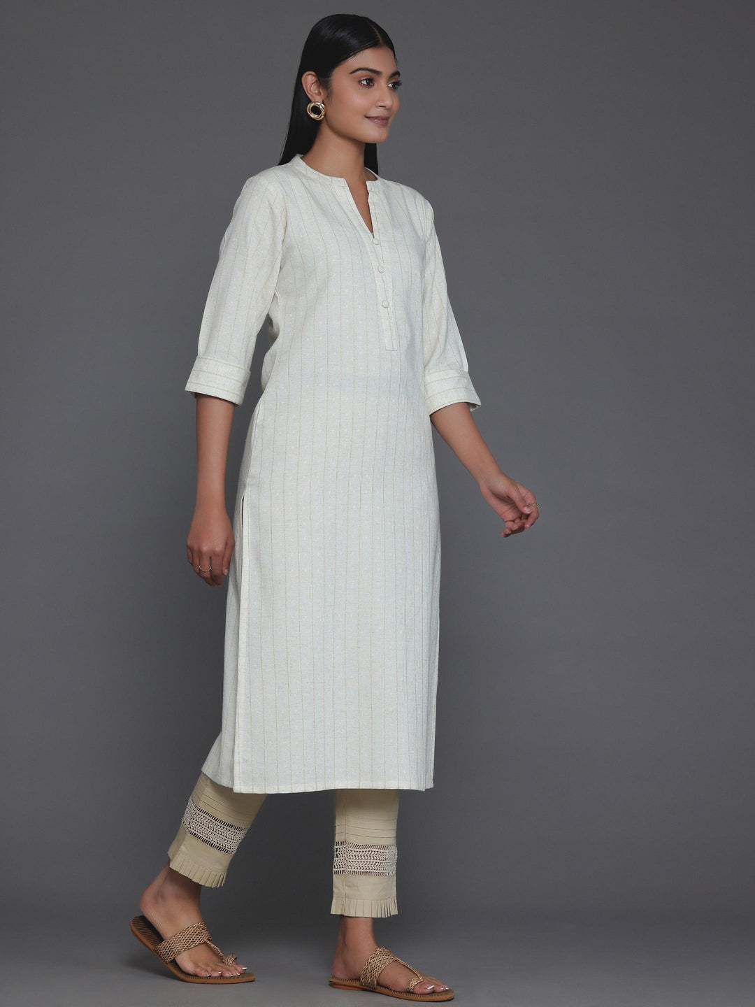 Cream Striped Cotton Straight Kurta - Libas