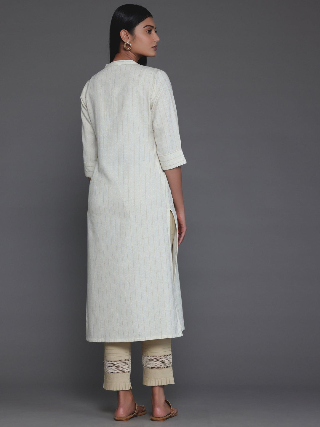 Cream Striped Cotton Straight Kurta - Libas