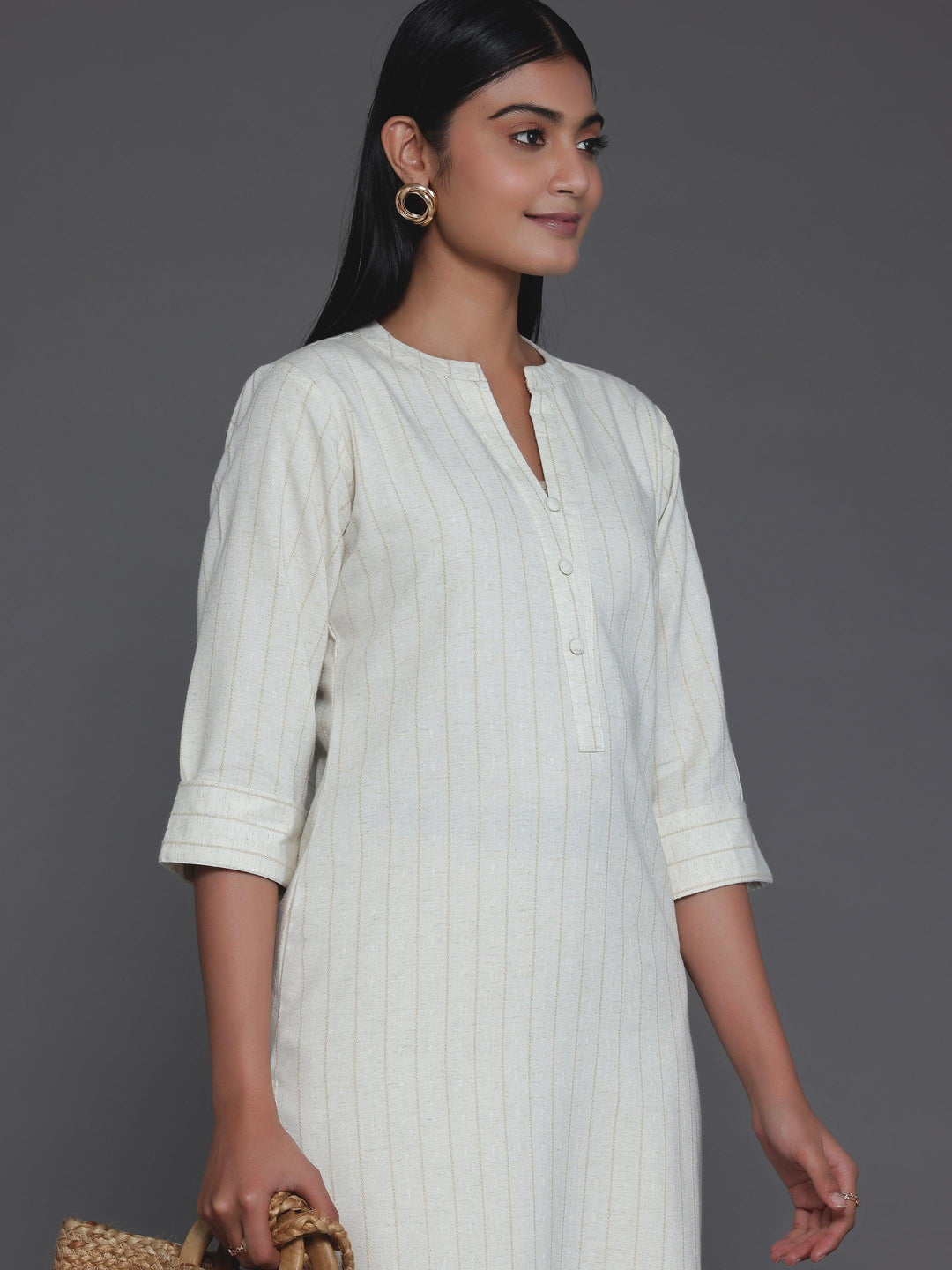 Cream Striped Cotton Straight Kurta - Libas 