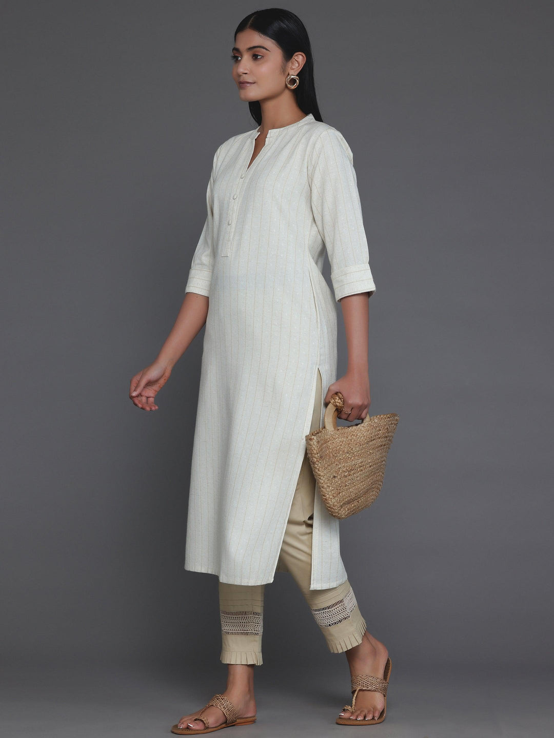 Cream Striped Cotton Straight Kurta - Libas 