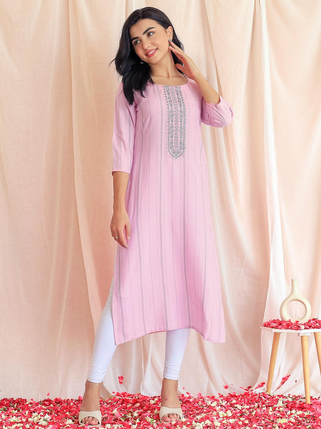 Pink Yoke Design Rayon Straight Kurta - Libas