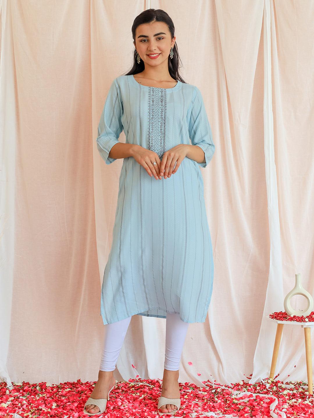 Blue Yoke Design Rayon Straight Kurta - Libas