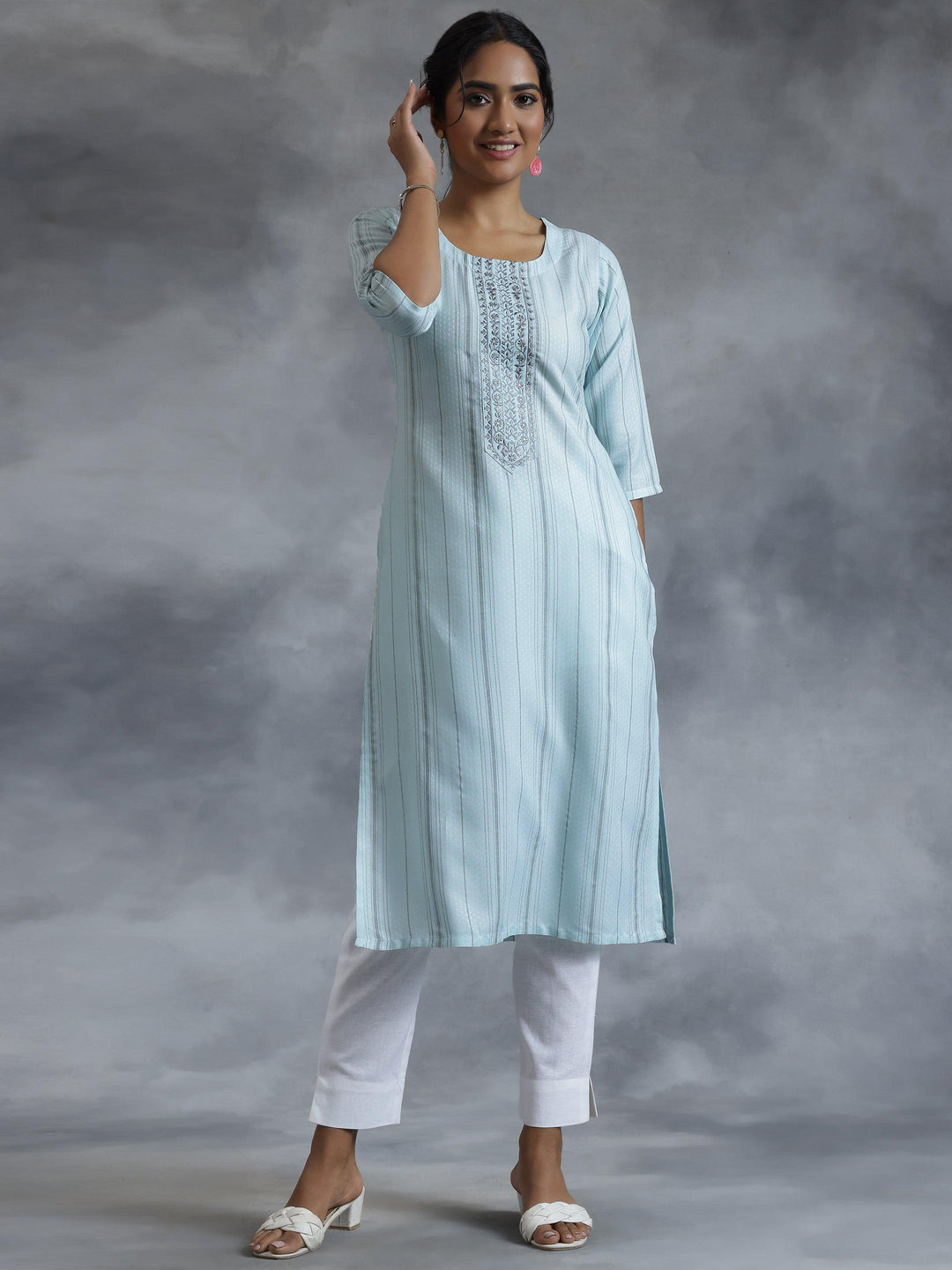 Blue Yoke Design Rayon Straight Kurta - Libas 