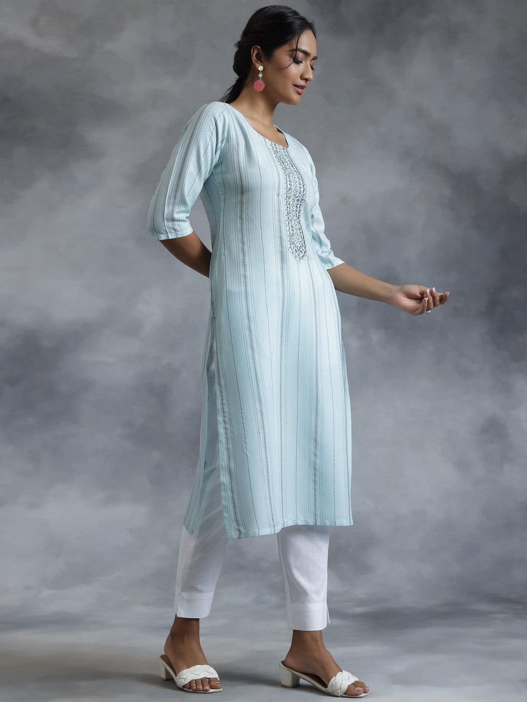 Blue Yoke Design Rayon Straight Kurta - Libas 