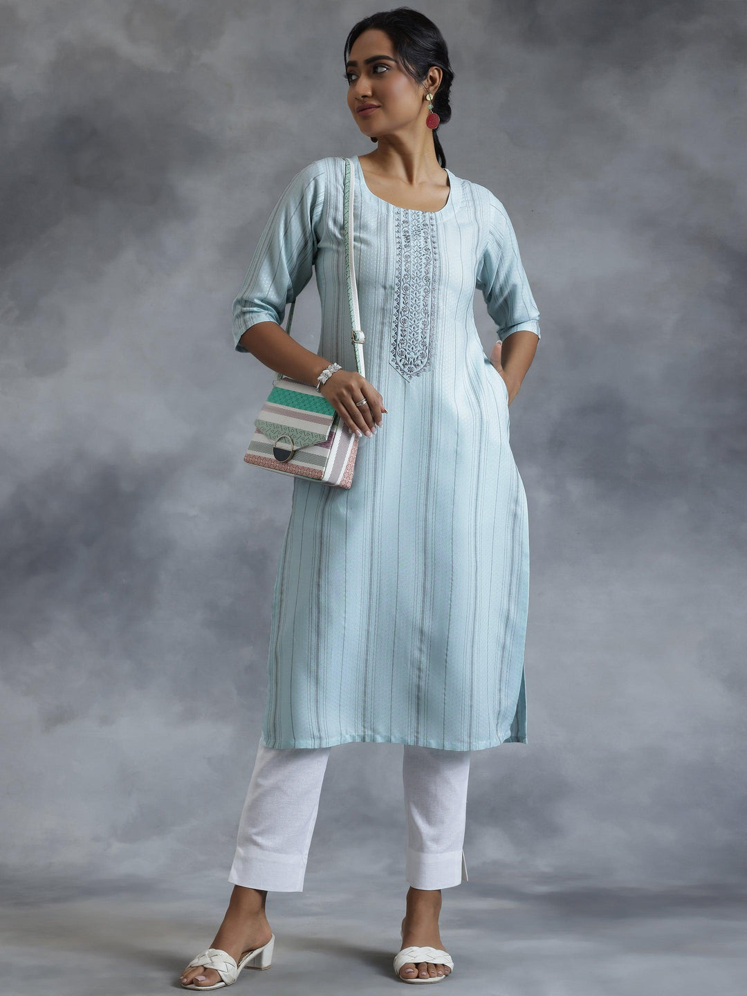 Blue Yoke Design Rayon Straight Kurta - Libas 