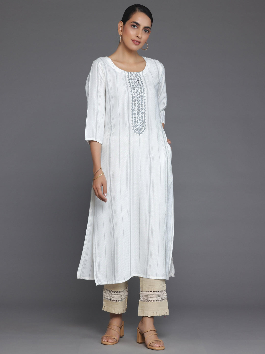 Cream Yoke Design Rayon Straight Kurta - Libas