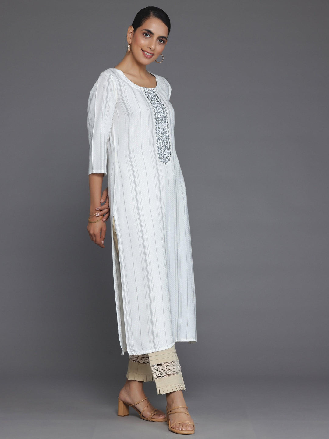 Cream Yoke Design Rayon Straight Kurta - Libas 