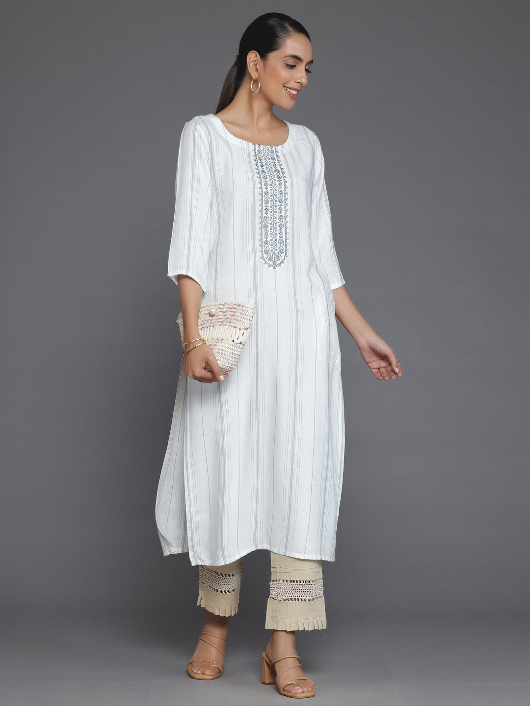 Cream Yoke Design Rayon Straight Kurta - Libas 