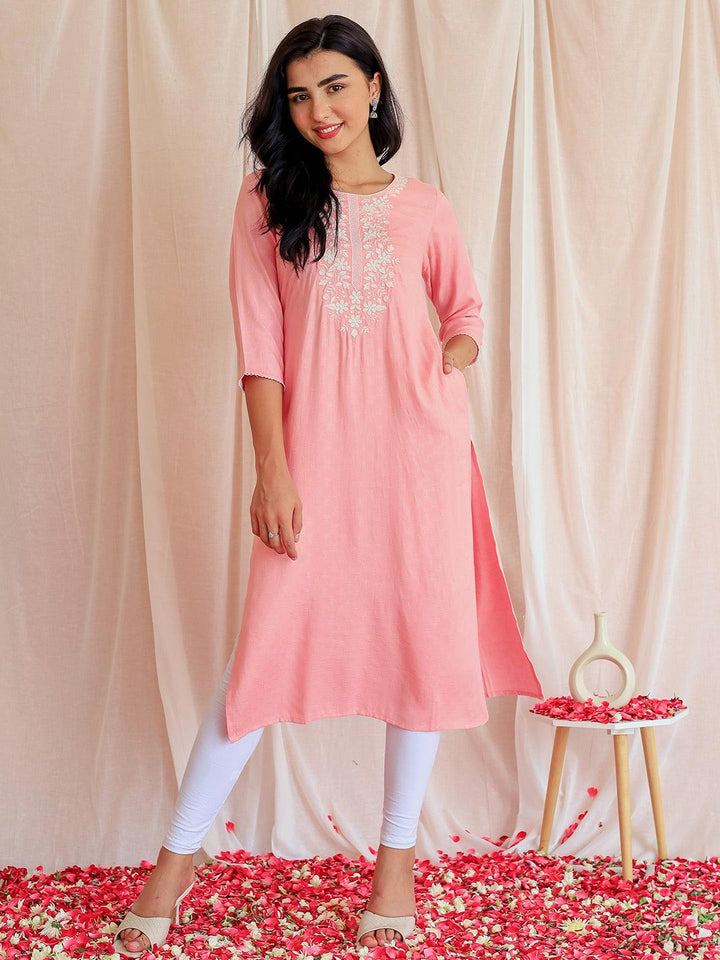 Pink Yoke Design Rayon Straight Kurta - Libas