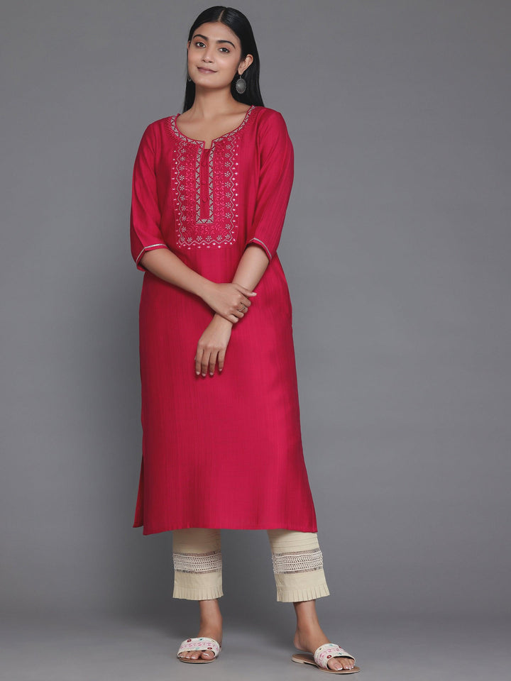 Pink Yoke Design Silk Blend Straight Kurta - Libas