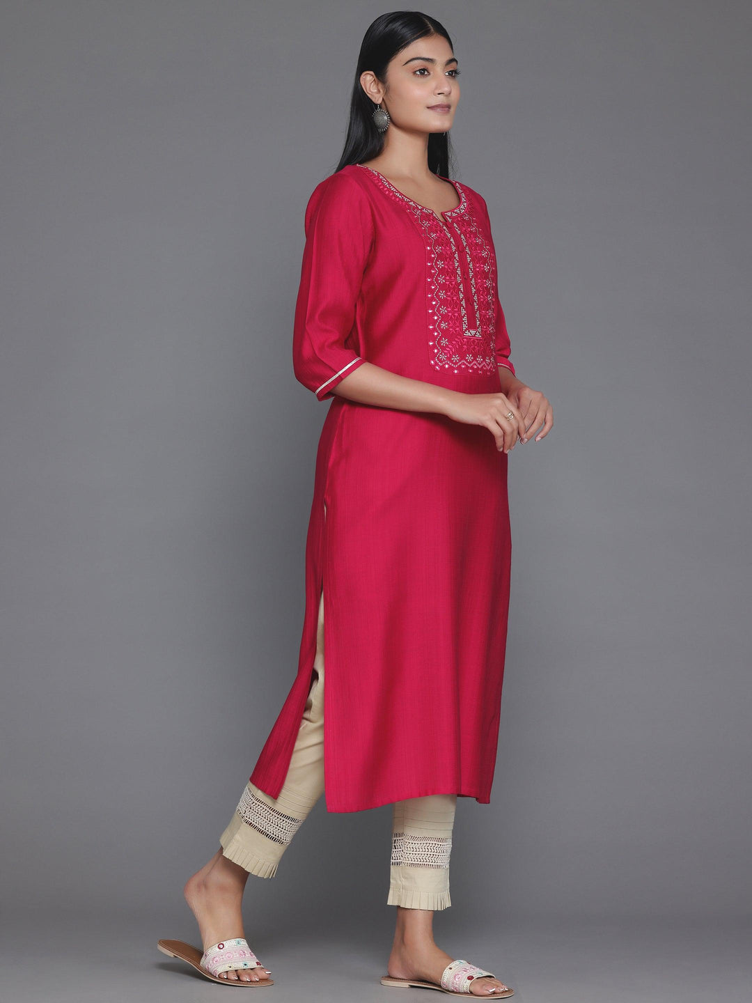 Pink Yoke Design Silk Blend Straight Kurta - Libas