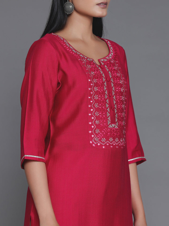 Pink Yoke Design Silk Blend Straight Kurta - Libas